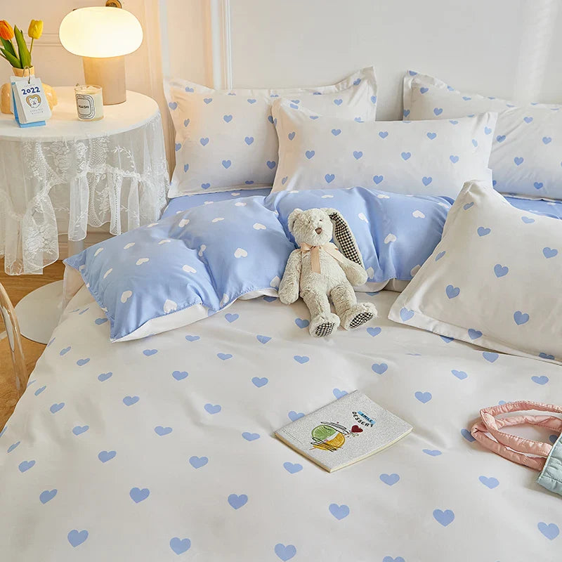 Rynx | Blue White Heart Duvet Cover Set INS Flat Sheet Pillowcase Floral Girls Adults Bedding Single Twin Queen Size Home Bed Linen