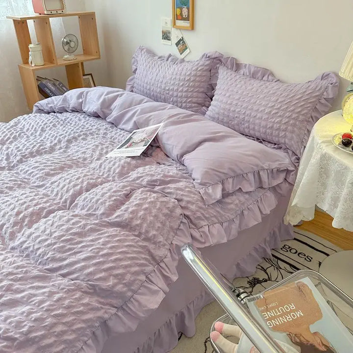 Rynx | Euro Solid Ruffled Carpet Bedding Sets Girls Pair Fluffy Queen Duvet Cover With Canopy Pillowcase Bedroom Comfort 4 Pieces Set