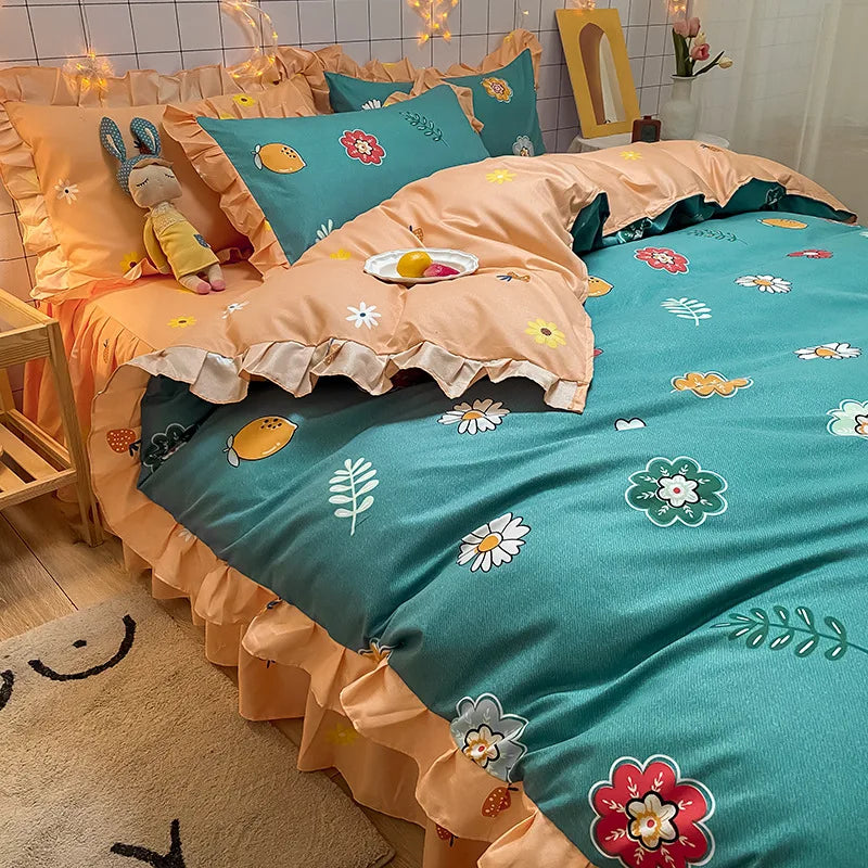 Lisslune | Korean-Vierteil-Set Herbst Winter Bettwäsche Prinzessinnenstil Spitzenbettbezug Blatt Frühling und Sommer Bett