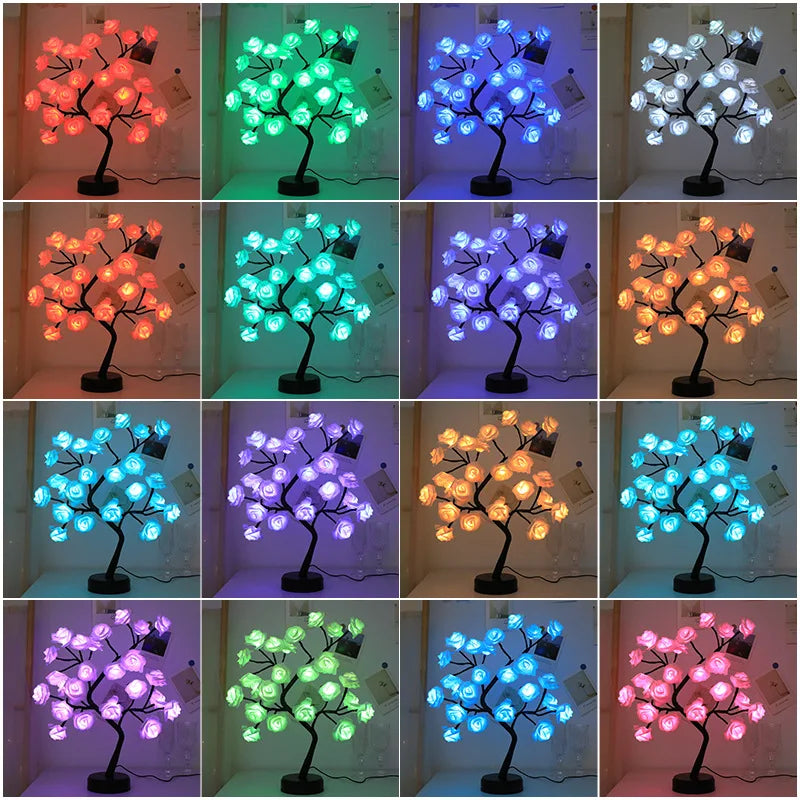 Lisslune | RGB Rose Flower Tree Lights 24LED USB Battery Table Lamp Fairy Night Light Home Party Christmas Wedding Bedroom Decoration Gift