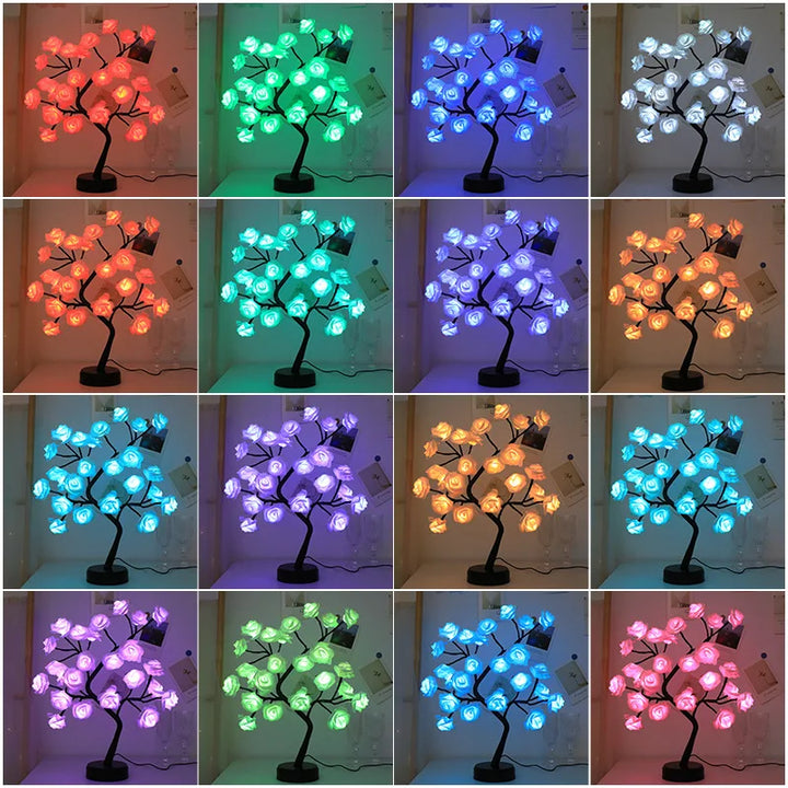 Lisslune | RGB Rose Flower Tree Lights 24LED USB Battery Table Lamp Fairy Night Light Home Party Christmas Wedding Bedroom Decoration Gift