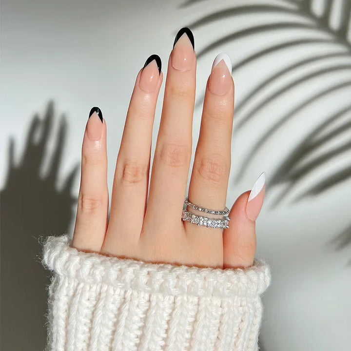 Rynx | Frosted Black Leaf Gold Glitter Powder Long Round Artificial Nails Purple Removable Ready to Stick Artificial Nails with Glue