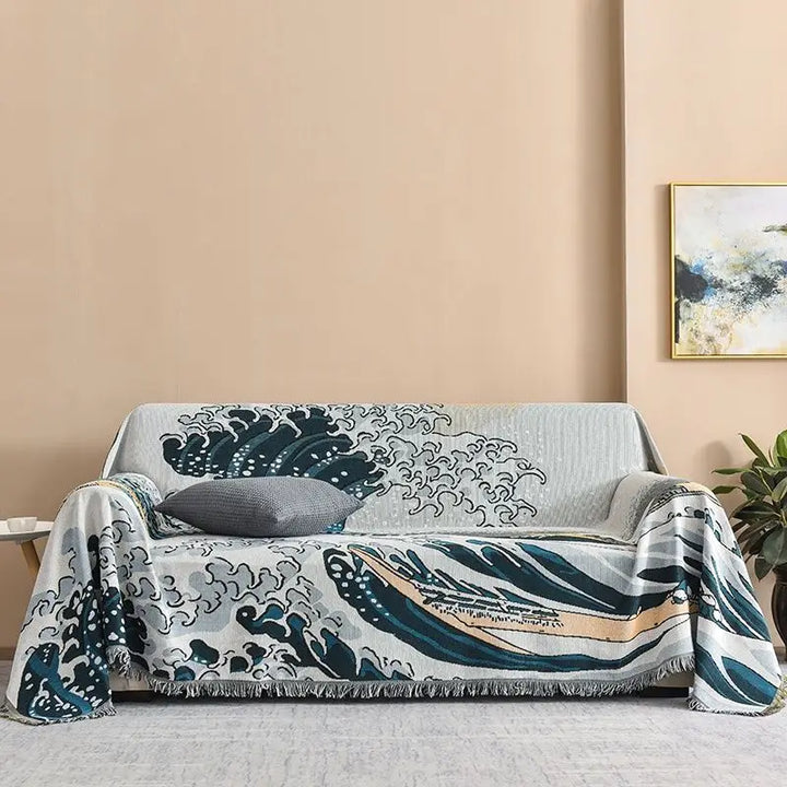 Rynx | Textile City Japanese Simple Style Wave Home Fabric Sofa Blanket Dust Protection Jumbo Size Double Sofa Cushion Camping Picnic Fabric