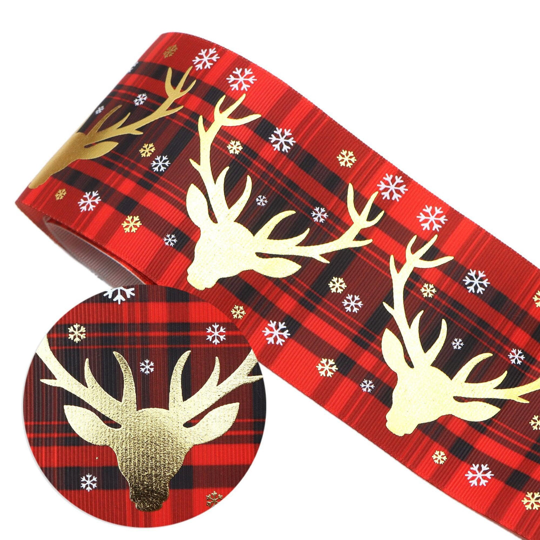 Lisslune | Elegant Golden Holiday Ribbon with Snowflakes and Deer - 75 mm Width for Festive Crafting