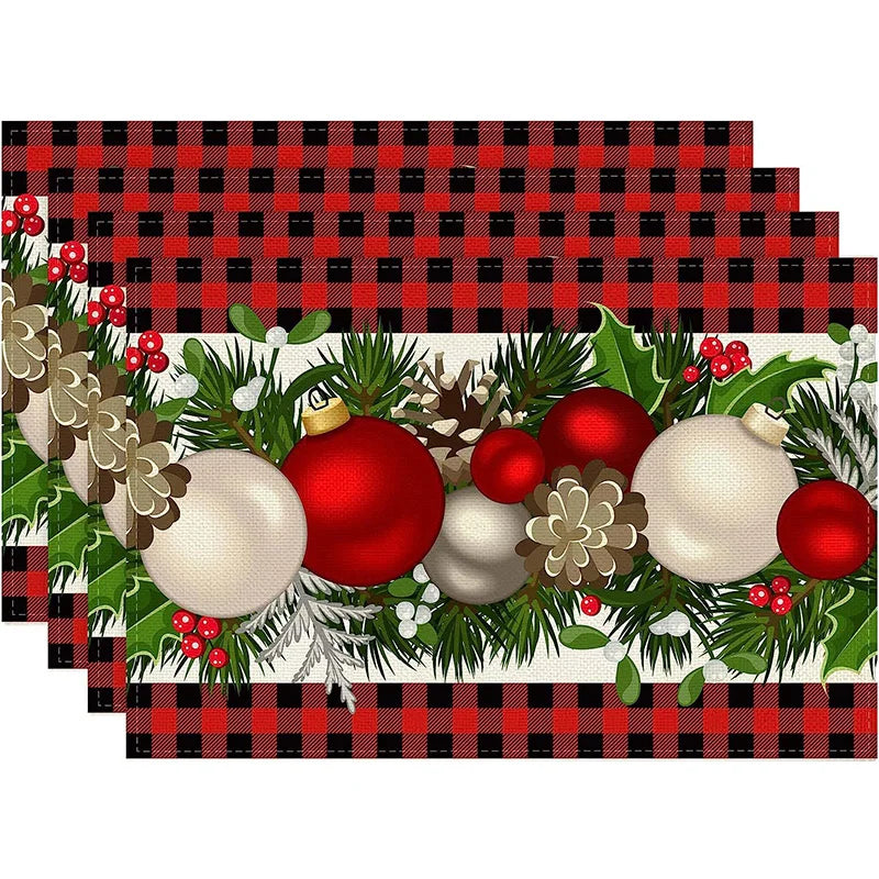Rynx 4Pc Christmas Tree Moose Placemat Linen Dining Table Mats Coaster Bowl Coffee Mug Pad Mat 2024 Christmas Home Kitchen Decoration