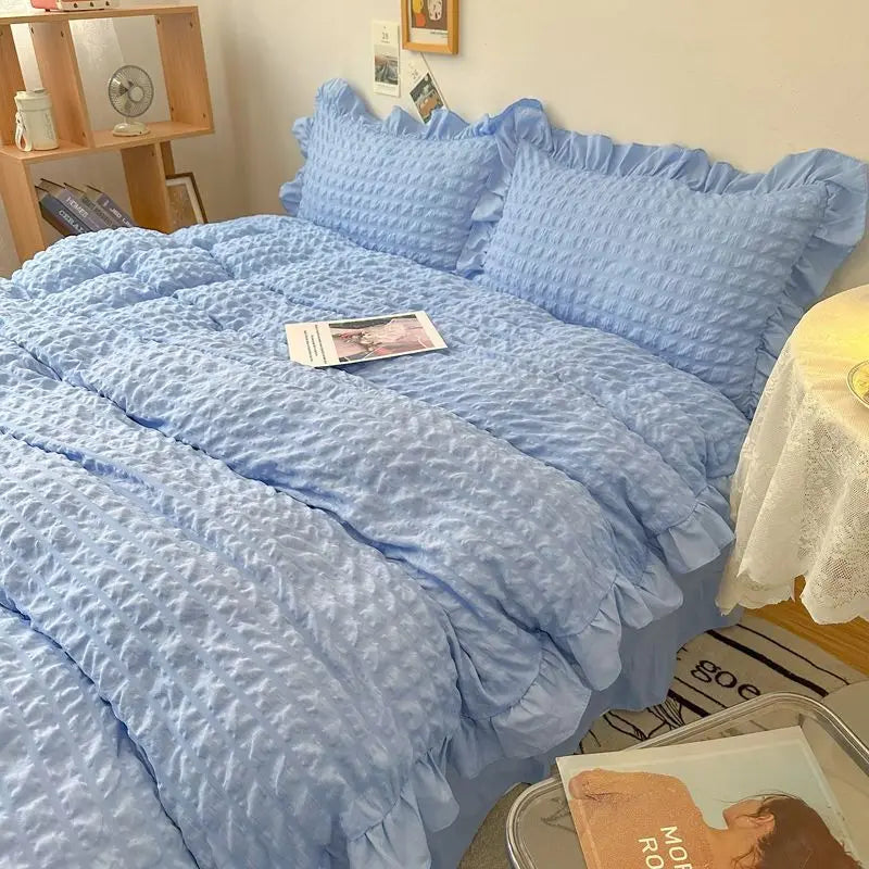 Rynx | Euro Solid Ruffled Carpet Bedding Sets Girls Pair Fluffy Queen Duvet Cover With Canopy Pillowcase Bedroom Comfort 4 Pieces Set