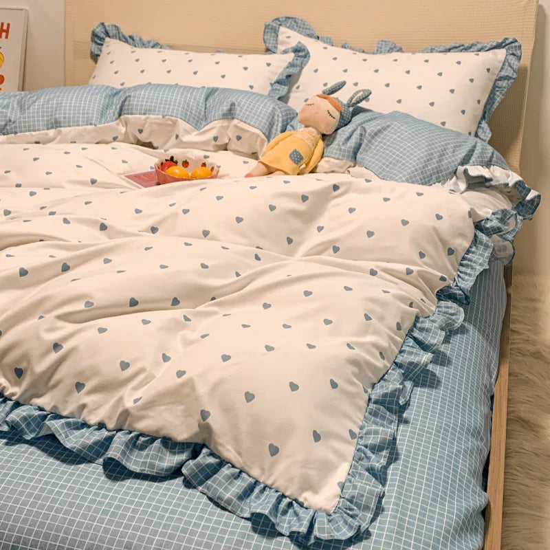 Rynx | Korean Princess Style Bedding Set Soft skin-friendly lace frill duvet cover Blue heart print bed covers pillowcases bed sheets