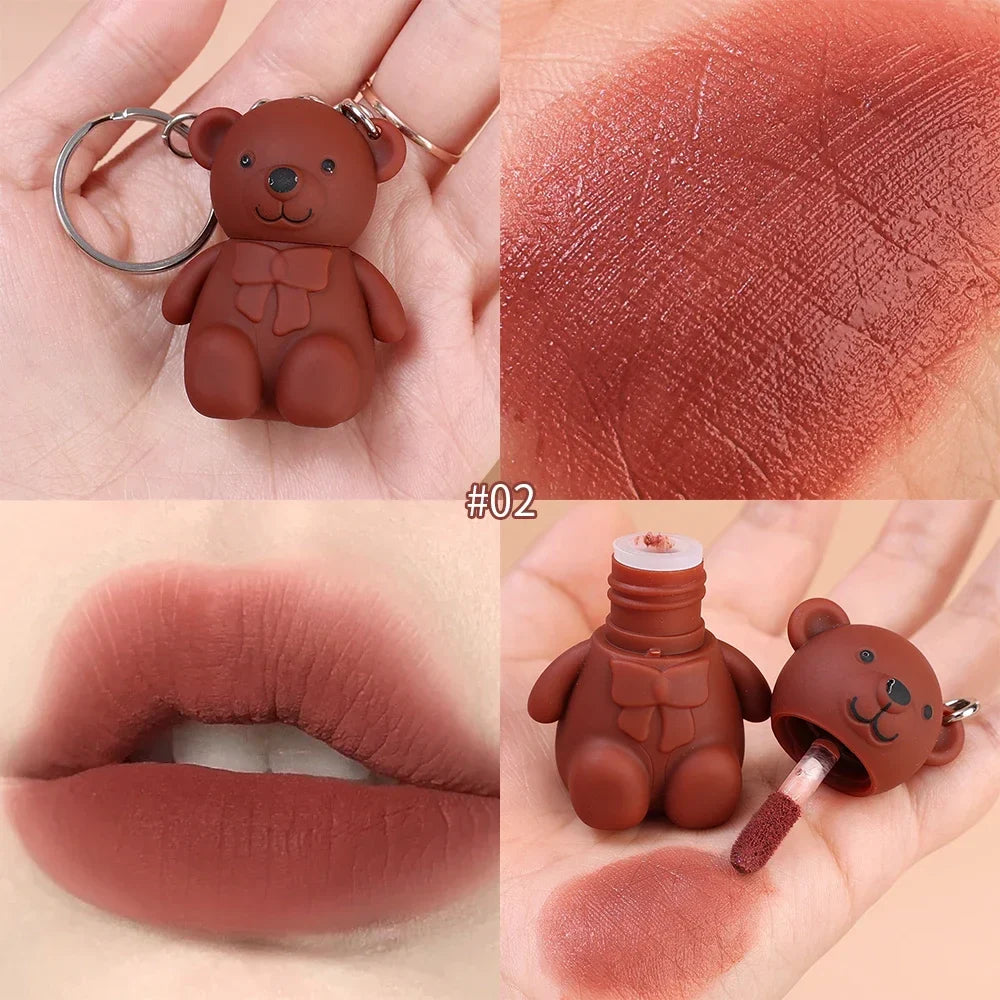 Rynx | Cute White Bear Keychain Glass Mirror Lipstick 6 Colors Sexy Jelly Red Liquid Lipsticks Waterproof Long-lasting Lip Lacquer Cosmetics