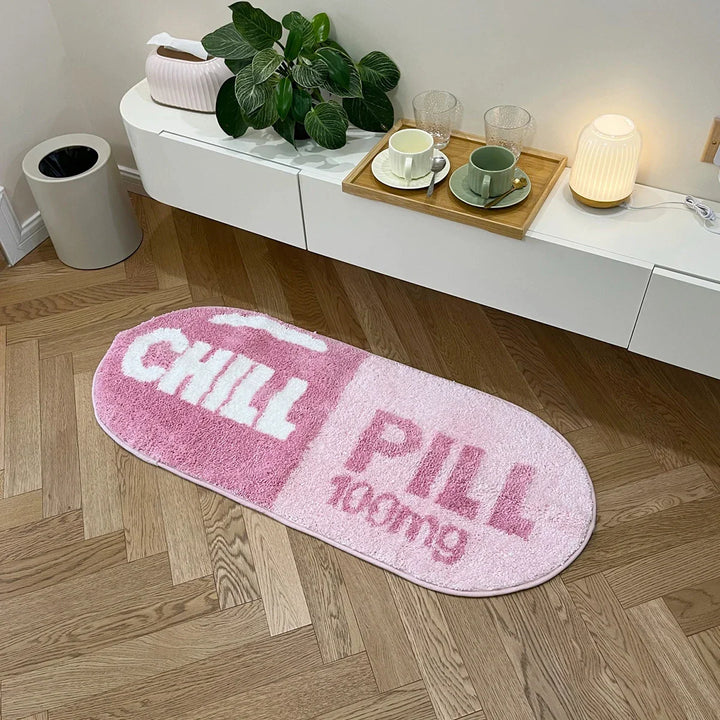 Rynx | Pink and Blue Chill Pill Flocking Rug Oval Tufted Rug Bath Mat Door Mat Home Decor Rug Camping Mat Waterproof Non-Slip
