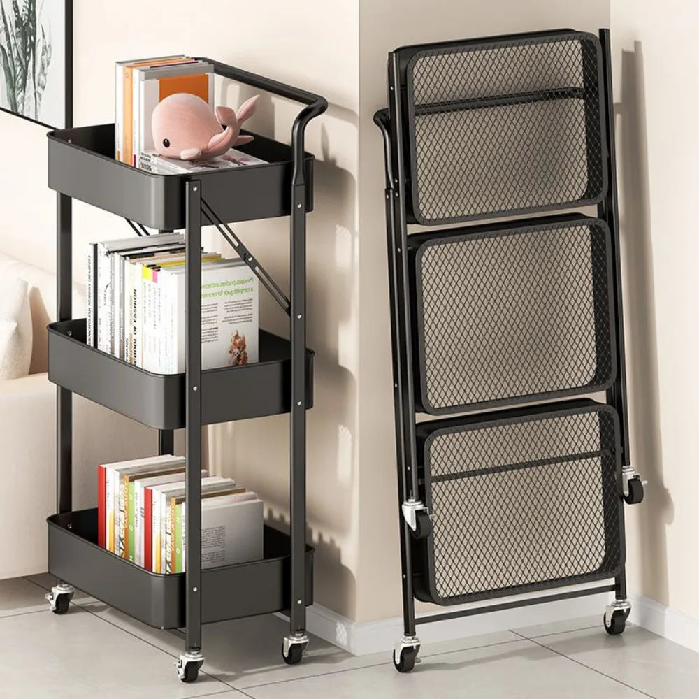 Rynx | Folding Storage Cart Shelf Kitchen Bathroom 3-tier Snack Shelves Bedroom Mobile Cart Storage Rack Organizer Cart