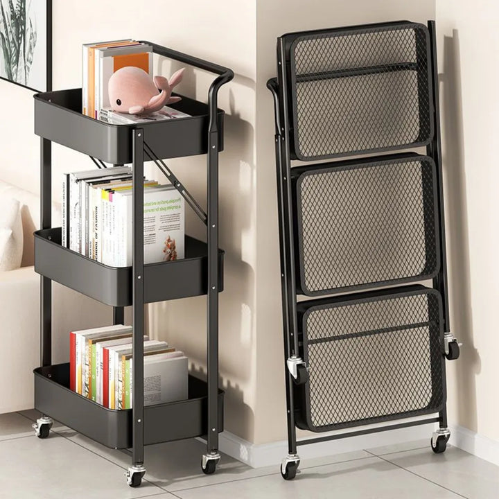 Rynx | Folding Storage Cart Shelf Kitchen Bathroom 3-tier Snack Shelves Bedroom Mobile Cart Storage Rack Organizer Cart
