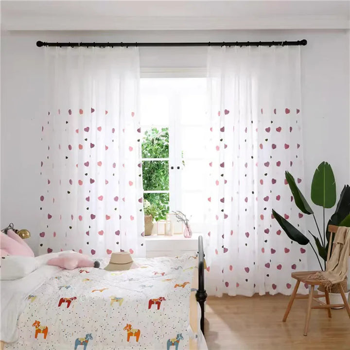 Rynx | Lovely Cartoon 3D Pink Heart Embroidery Tulle For Girls Bedroom Sweet Loving Transparent Curtains For Kids Living Room Custom Made Curtains