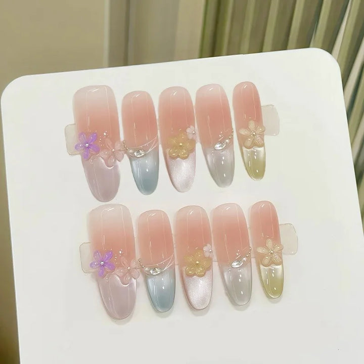 Rynx | 10 Piece Long Oval Handmade Press-On Nails Rainbow Cat Eye Effect with 3D Flower Designs Perfect for Women and Girls Daily Nail Use