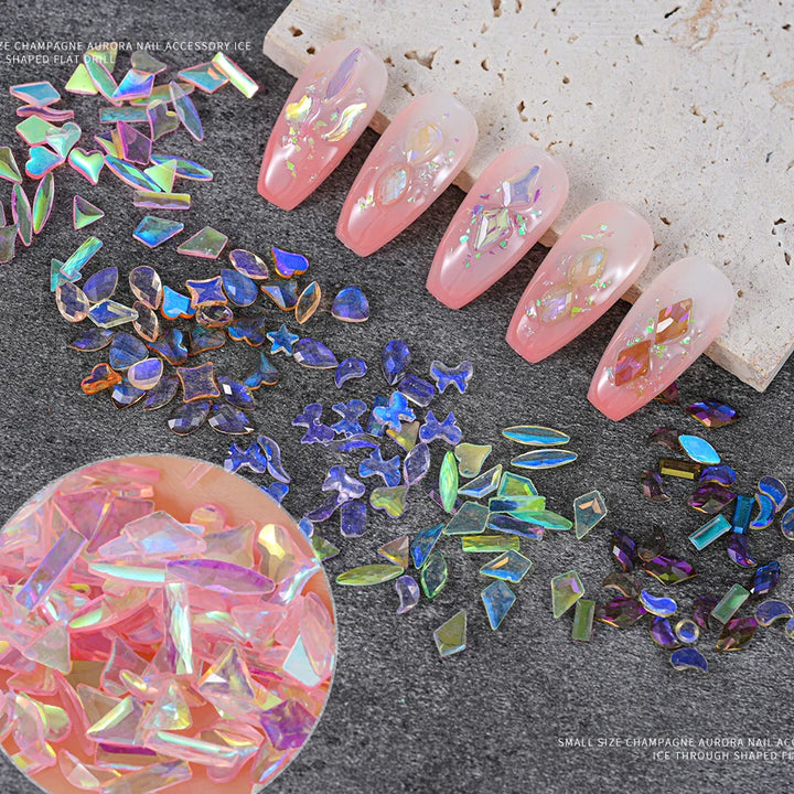 Rynx | 100 Pieces 3D Irregular Aurora Crystal Rhinestones Multi Shapes Aurora Nail Gems 6 Colors Flat Back Shiny Nail Art Rhinestones Charms
