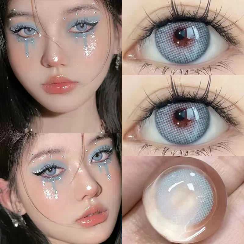 Lisslune | 1 Pair New Colorful Contact Lenses Fashion Blue Lens - 0.00 To - 8.00 Diopters Lenses High Quality Cute Beautiful Pupils