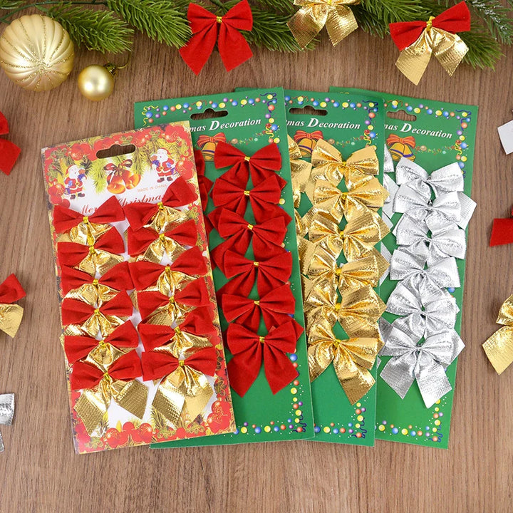 Rynx 12/24pcs Christmas Bow Red Gold Mini Christmas Tree Ribbons Charms Ornaments for Christmas Decoration New Year Party DIY Gifts