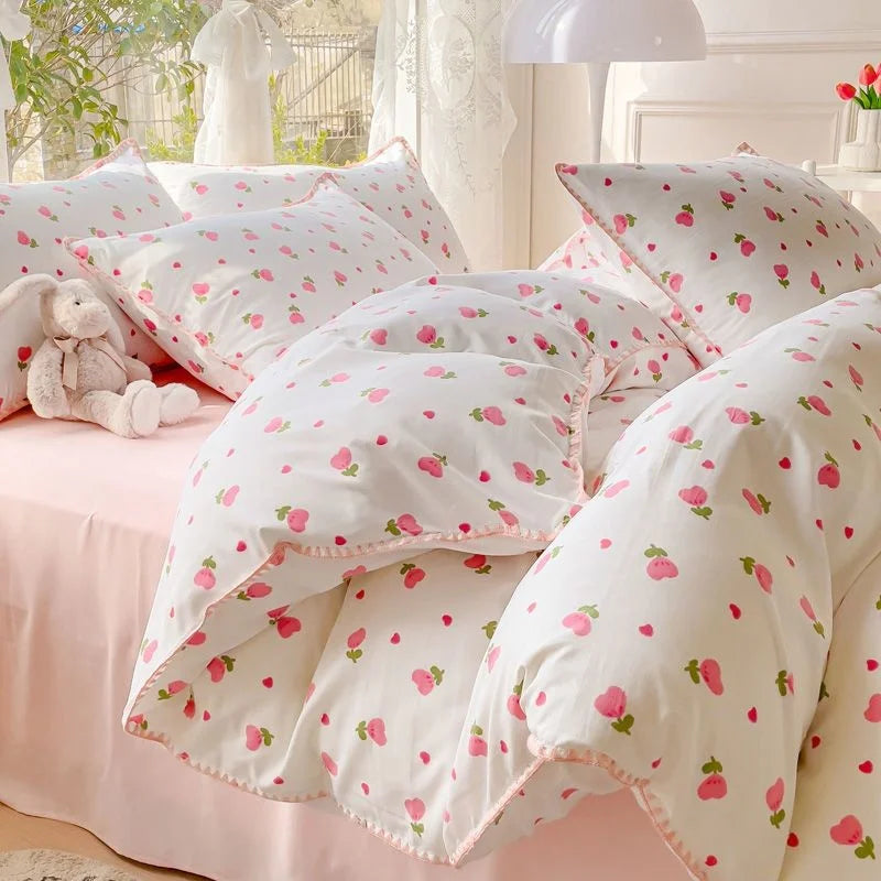 Rynx Pastoral Girls Flower Bedding Sets, Washed Cotton Bedding, Soft Comforter Bedding Set, Simple Bedspread, Home Textiles