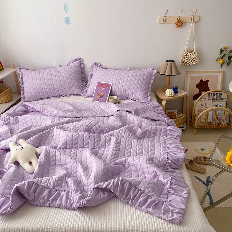 Rynx Ruffled Quilted Breathable Summer Blanket Set Princess Climate Blanket Soft Washable Thin Comfort Blanket Set or Single Blanket
