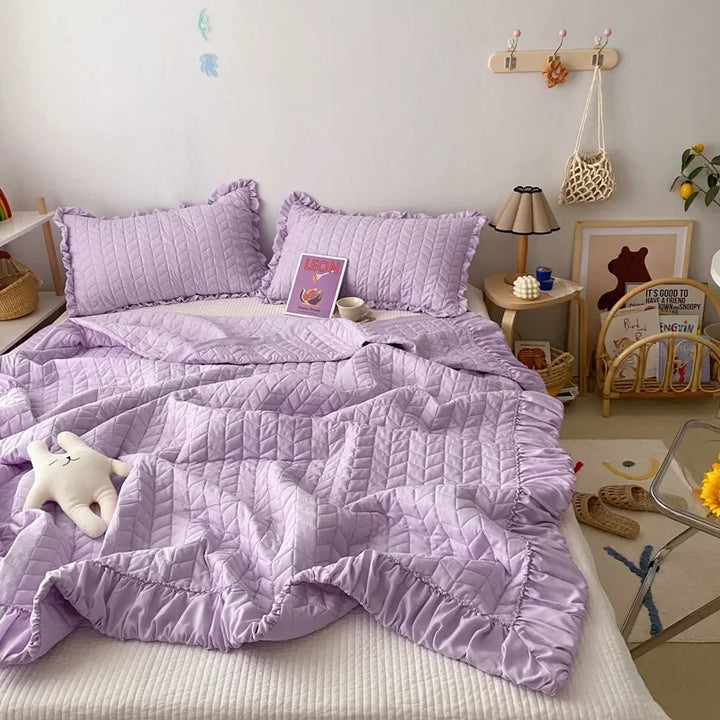 Rynx Ruffled Quilted Breathable Summer Blanket Set Princess Climate Blanket Soft Washable Thin Comfort Blanket Set or Single Blanket