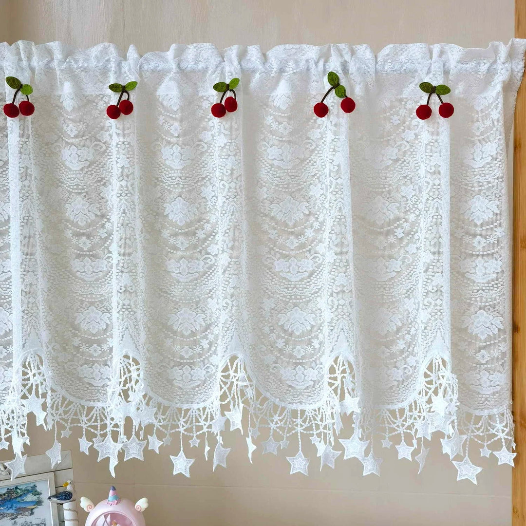 Rynx | White lace embroidery tulle kitchen curtain cherry pentagram wavy short curtain sweet coffee window half curtain