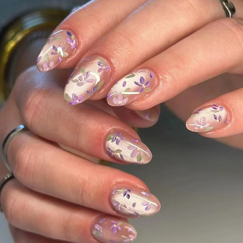 Rynx | 24 Pieces Purple Cat Eye Press-on Almond Nails with Delicate Floral Patterns Romantic False Fingernails for Women & Girls Elegance Wear