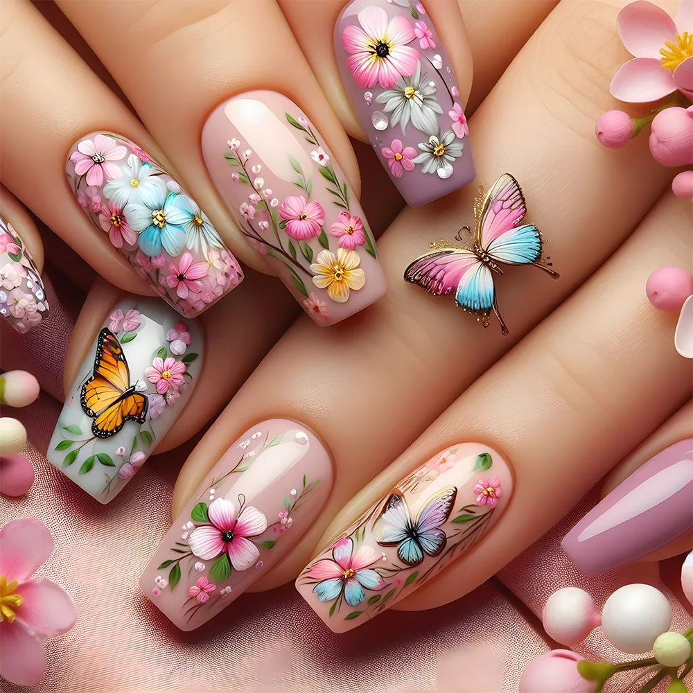 Rynx | 24 pcs. Blue Butterfly Ballet Press-On Nails Art Love Flowers Design Art Nails French Removable Fashion Artificial Nail Tips Manicure