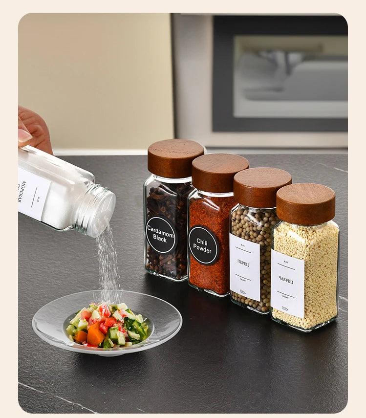 Lisslune | Elegant 40oz moisture-proof square glass spice container with acacia wood lid
