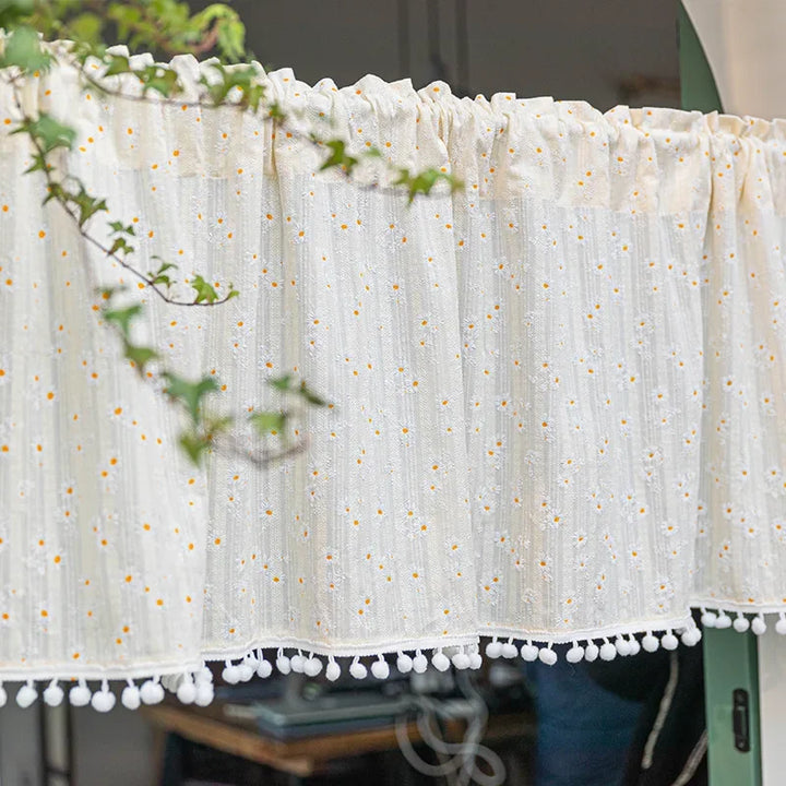 Rynx | Korean Cotton Daisy Curtains Road Pocket Shade Curtain Floral Tassels for Kitchen Bedroom Living Room Windowsill Wardrobe Curtain