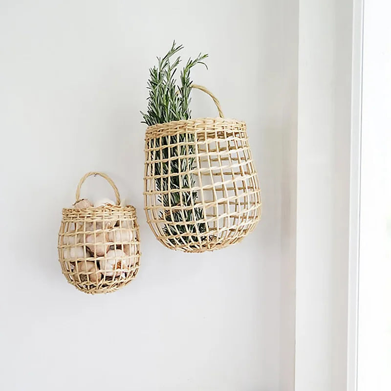 Rynx | Handcrafted Rattan Storage Basket Hanging Organizer with Handle Flower Fruit Vegetable Holder Support Home Kitchen Wall Decoration