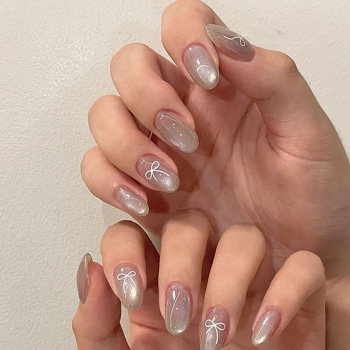 Rynx | Gray Sparkling Cat Eye Sweet Bow Nail Art Solid Color False Nails Removable Ready False Nails Press-on Nails with Glue