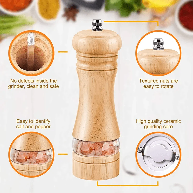 Lisslune | Vintage Handcrafted Wooden Spice Mill Set - 6-Inch Gourmet Salt and Pepper Mills