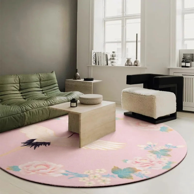 Rynx | Retro Round Living Room Rugs Pink Ethnic Style Bedroom Rug Crane Flower Girl's Room Rug Luxury Easy-Care Rugs