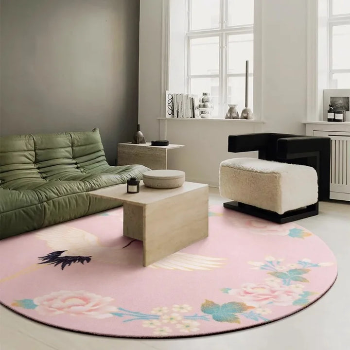 Rynx | Retro Round Living Room Rugs Pink Ethnic Style Bedroom Rug Crane Flower Girl's Room Rug Luxury Easy-Care Rugs