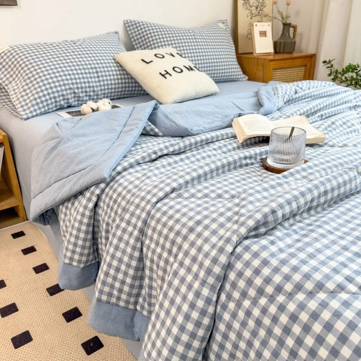 Rynx Summer Duvet Machine Washable Bed Cover Grid King Size Blanket Double Cotton Soft Fashion Air Conditioning Cool Quilt