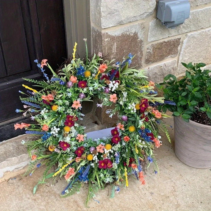 Rynx | Wildflower Wreath Spring Summer Wreath Front Door Artificial Flower Wreath Farmhouse Decor Fresh Green Plant Eternal Flower