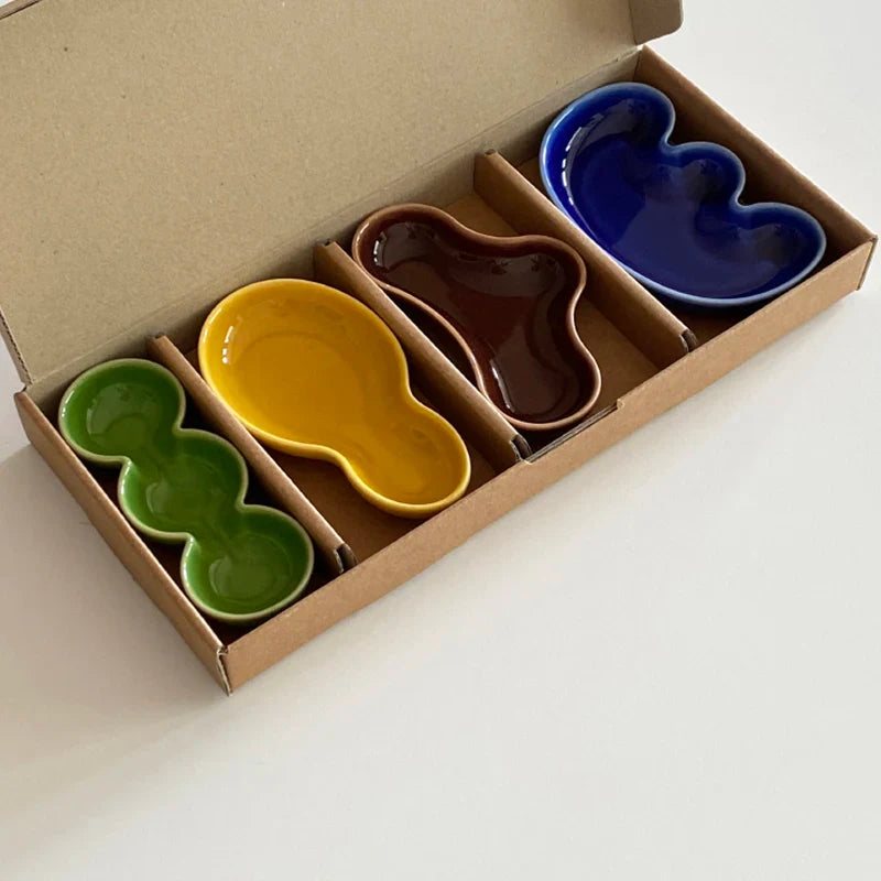 Rynx | Colorful Ceramic Sauce Dish Wasabi Oil Vinegar Dispenser Container Japanese Korean Style Dining Room Accessories 4 Piece Set