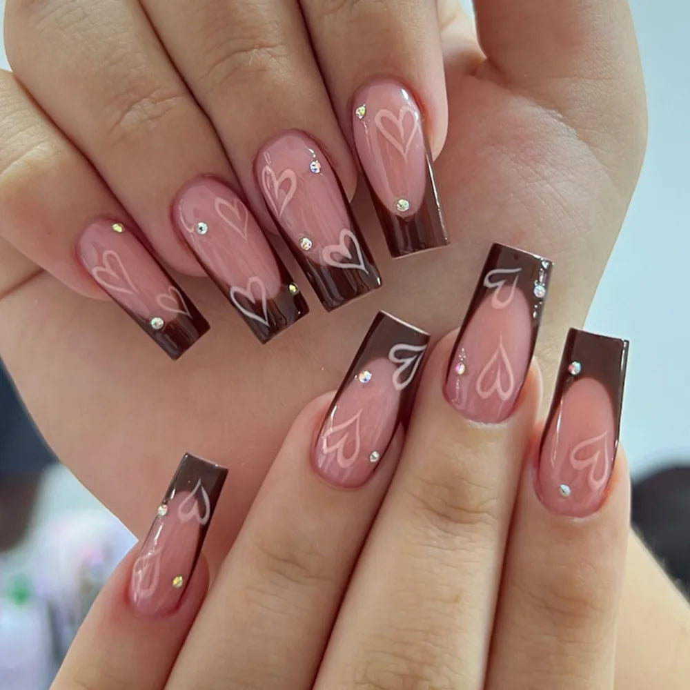 Rynx | Red Love Heart French Sweet Nail Art Nude Pink Artificial Nails Removable Finished Fingernails Valentine's Day Gift Press-on Nails With Glue