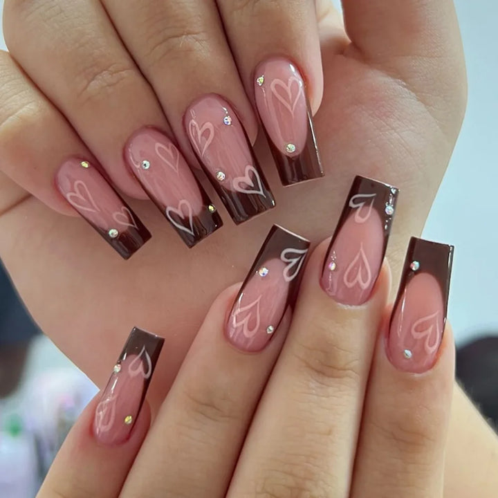 Rynx | Red Love Heart French Sweet Nail Art Nude Pink Artificial Nails Removable Finished Fingernails Valentine's Day Gift Press-on Nails With Glue