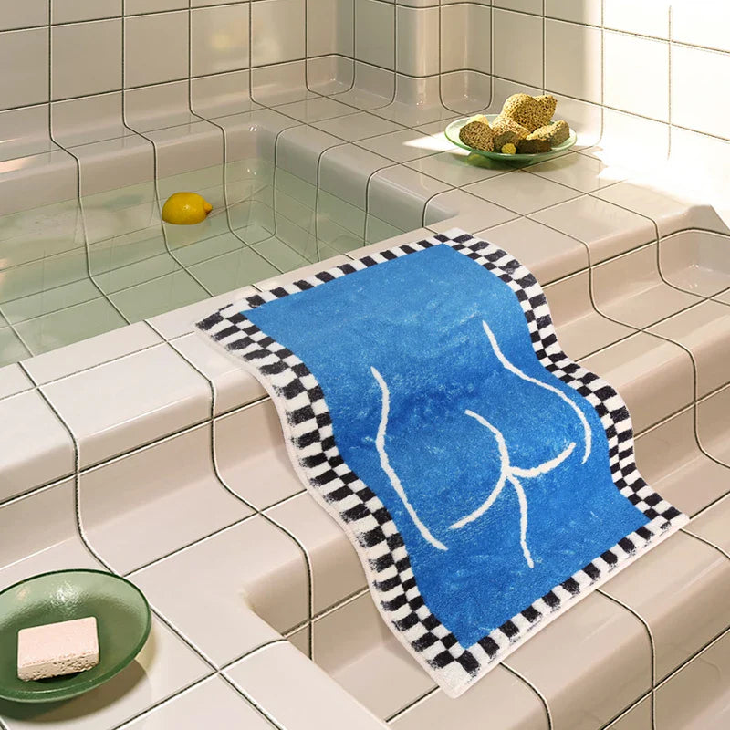 Rynx | Minimalist Abstract Checkered Blue Rugs Comfortable Soft Bedroom Decoration Rug Bathroom Non-Slip Doormat Super Absorbent Cushion