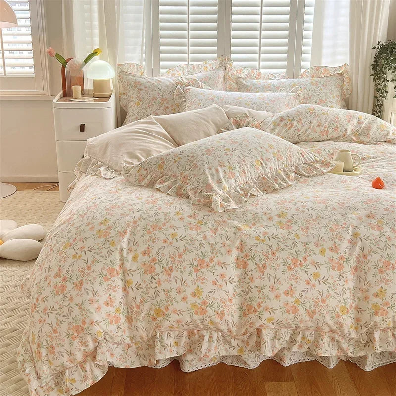 Rynx Princess Style Ruffled 100% Cotton Duvet Cover Set or Single Duvet Covers Floral Soft Duvet Cover Cotton Sweet Duvet Covers