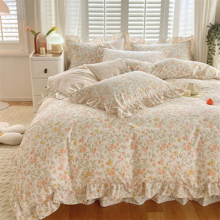 Rynx Princess Style Ruffled 100% Cotton Duvet Cover Set or Single Duvet Covers Floral Soft Duvet Cover Cotton Sweet Duvet Covers