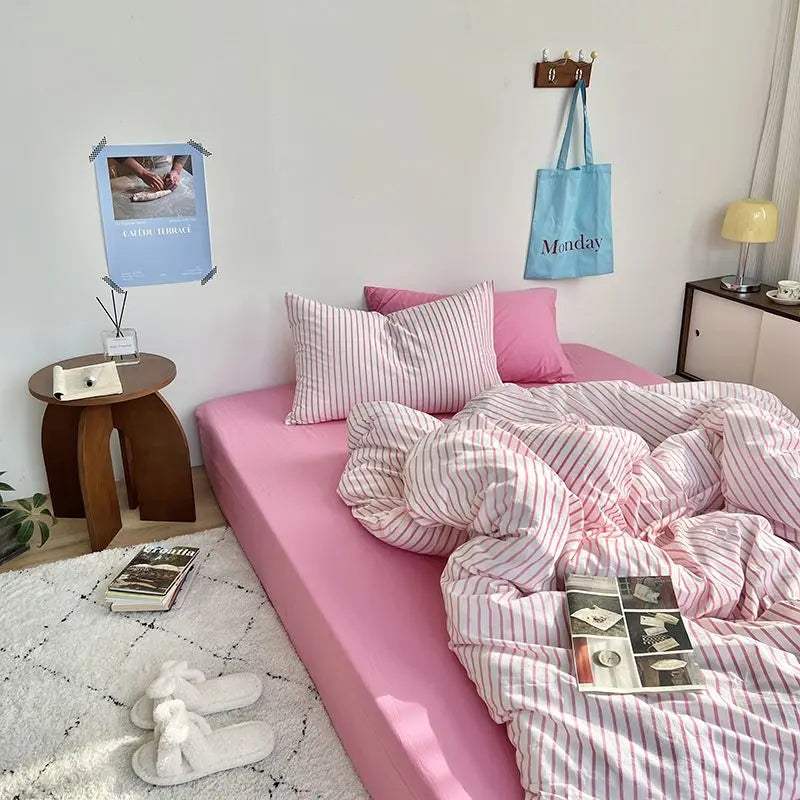 Rynx | Ins Style Bedding Set Duvet Cover Wash Cotton Stripes Summer Soft Cool Summer Bed Sheet Set Blanket Set Comforter Cover