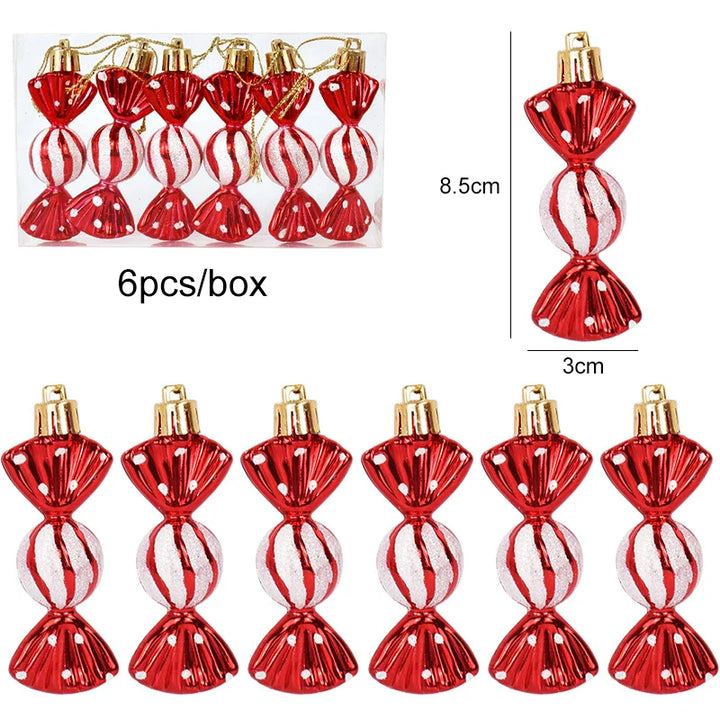 Rynx 6pcs/box Christmas Tree Pendant Red Star Candy Snowflake Xmas Ball Ornament New Year 2025 Home Decoration Noel Gift Navidad