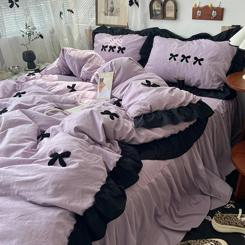 Rynx | Korean princess style Kawaii girls black bow bedding set skin-friendly soft duvet cover set bed sheets or bed skirt pillowcases