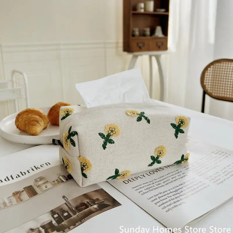 Rynx | Green Forest Plant Cotton Linen Fabric Embroidery Paper Box Napkin Paper Holder Tissue Box Bedroom Table Decoration Ornament Car Napkin