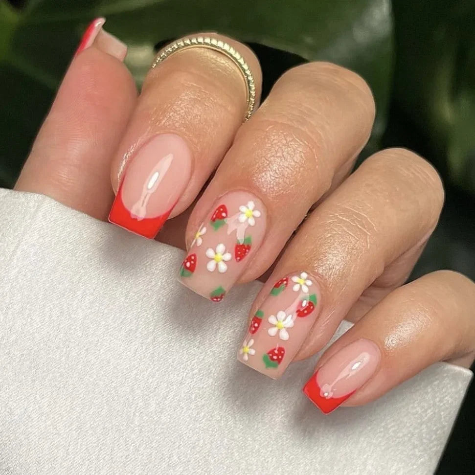 Rynx | 24 Piece Square Press-on Nails Set with Pink Flower Patterns Full Coverage Acrylic Nail Tips Glue for Stylish Women/Girls