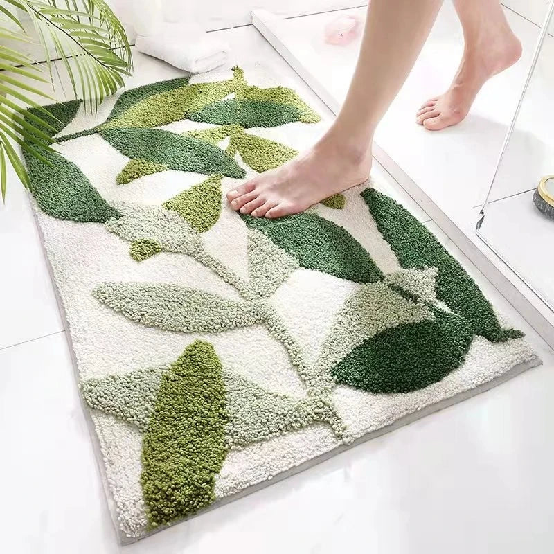 Rynx | Leaf Green Flocked Bath Mat Non-Slip Absorbent Microfiber Bathroom Rug Entrance Mat Super Soft Bath Rug Carpet