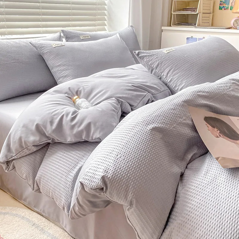 Rynx | Internet Celebrity Waffle Four-piece Set Washed Smooth Bedding Duvet Cover Fitted Sheet Bedding Contrast Color Dormitory Three Pi