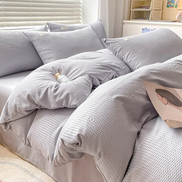 Rynx | Internet Celebrity Waffle Four-piece Set Washed Smooth Bedding Duvet Cover Fitted Sheet Bedding Contrast Color Dormitory Three Pi