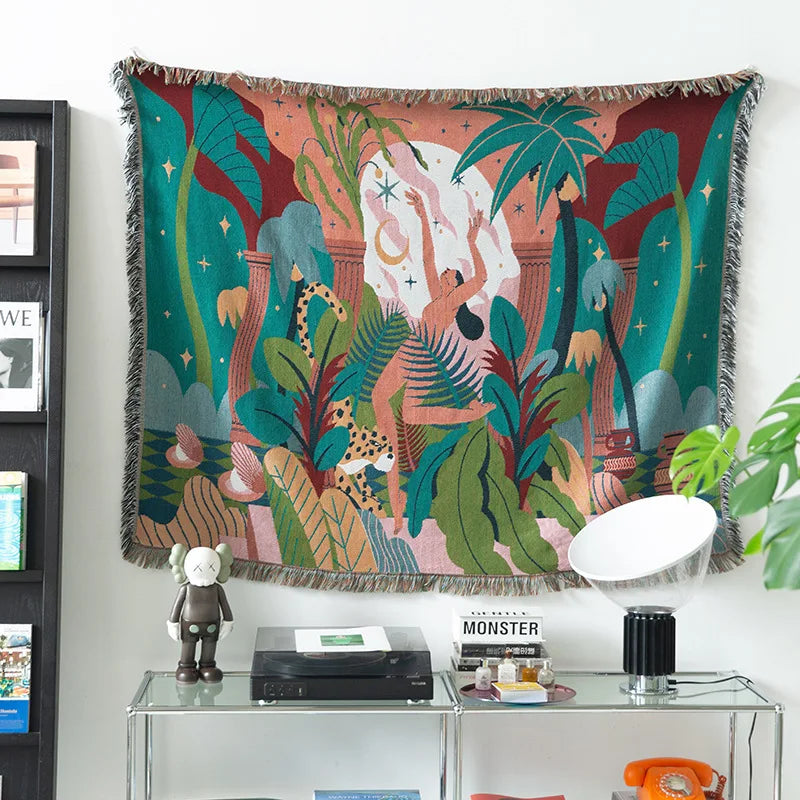 Rynx | Textile City Forest Dancer Throw Blanket Two-Sided Sofa Covers Trend Tassel Jungle Leaves In Home Decorative Tapestry 160x260cm
